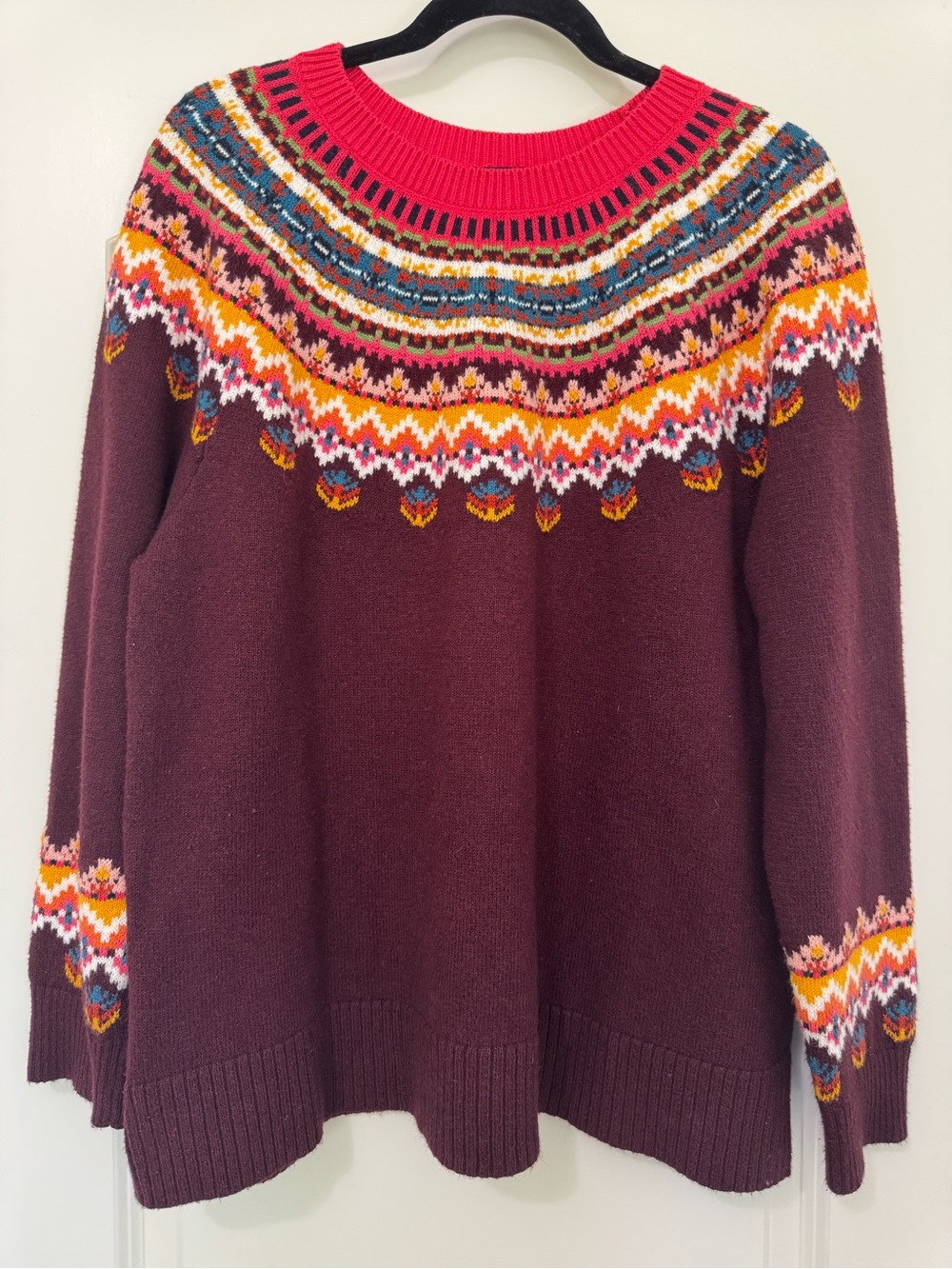 Talbots Maroon Crewneck Sweater with Multicolor Fair Isle Yoke